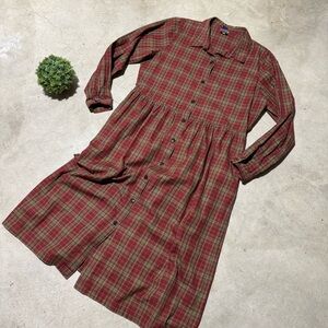 Lands End 100% Cotton Red Green Plaid Flannel Button Front Maxi Dress Size 18